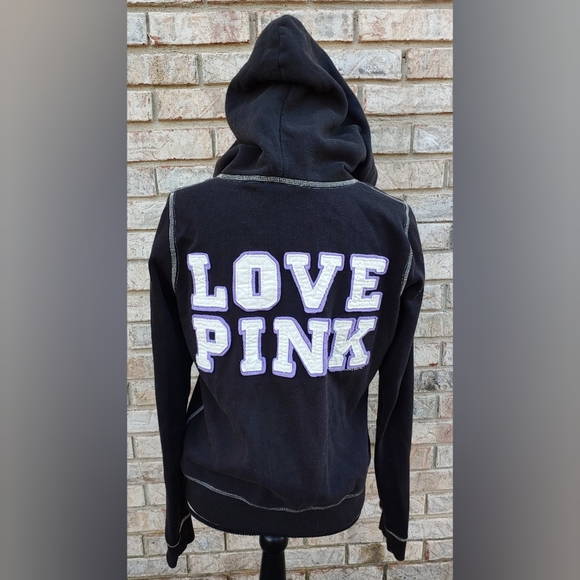 ⭐ Y2K! ⭐Victoria's Secret Love Pink Varsity Hoodie Black L - Picture 1 of 5